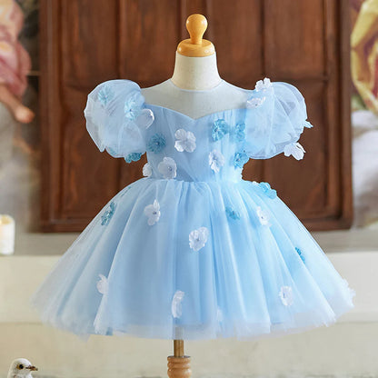Wedding Flower Girl Dress Elegant Gorgeous A Line Sweetheart Puff Sleeve 3D Flower Beadwork Girl One-Year-Old Birthday Party Dress Cute Girl Princess Dress