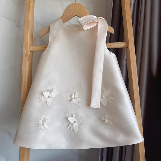 Wedding Flower Girl Dress Elegant Straight Round Neck Sleeveless Simple Girl Communion Formal Dress One-Year-Old Birthday Party Dress Cute Girl Princess Dress