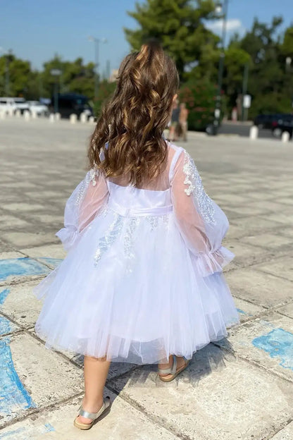 Wedding Flower Girl Dress Exquisite A Line High Neck with Puff Long Sleeves Sparkle Girl Communion Formal Dress Princess Dress