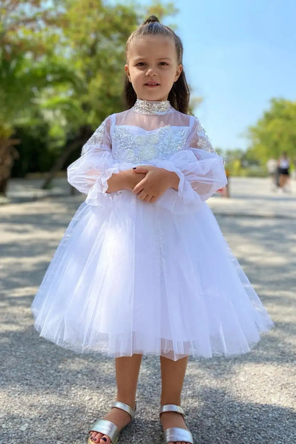 Wedding Flower Girl Dress Exquisite A Line High Neck with Puff Long Sleeves Sparkle Girl Communion Formal Dress Princess Dress