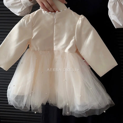 Wedding Flower Girl Dress Exquisite A Line Long Sleeves Round Neck Beadwork Bow Tutu Dress Girl Formal Dress One-Year-Old Birthday Party Dress Cute Girl Princess Dress
