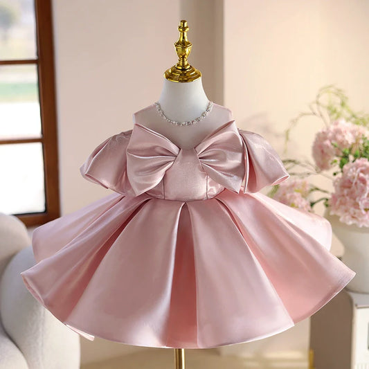 Wedding Flower Girl Dress Exquisite A Line Round Neck Ruched Off Shoulder Bow Girl Formal Dress One-Year-Old Birthday Party Dress Cute Girl Princess Dress