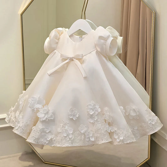 Wedding Flower Girl Dress Exquisite A Line Round Neck Short sleeve 3D Flower Bow Girl Formal Dress One-Year-Old Birthday Party Dress Cute Girl Princess Dress