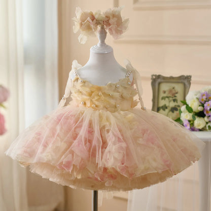 Wedding Flower Girl Dress Exquisite A Line Spaghetti Strap 3D Flower Tutu Dress Beadwork Girl One-Year-Old Birthday Party Dress Cute Girl Princess Dress
