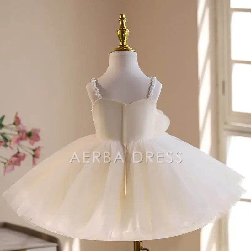 Wedding Flower Girl Dress Exquisite A Line Spaghetti Strap V Neck 3D Flower Beadwork Girl One-Year-Old Birthday Party Dress Cute Girl Princess Dress