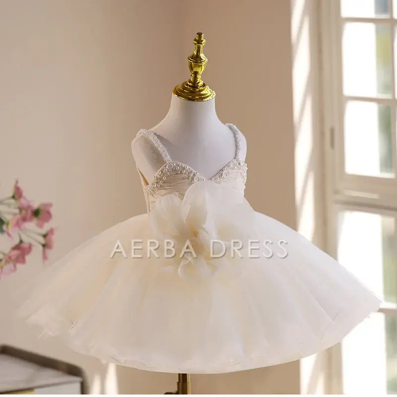 Wedding Flower Girl Dress Exquisite A Line Spaghetti Strap V Neck 3D Flower Beadwork Girl One-Year-Old Birthday Party Dress Cute Girl Princess Dress