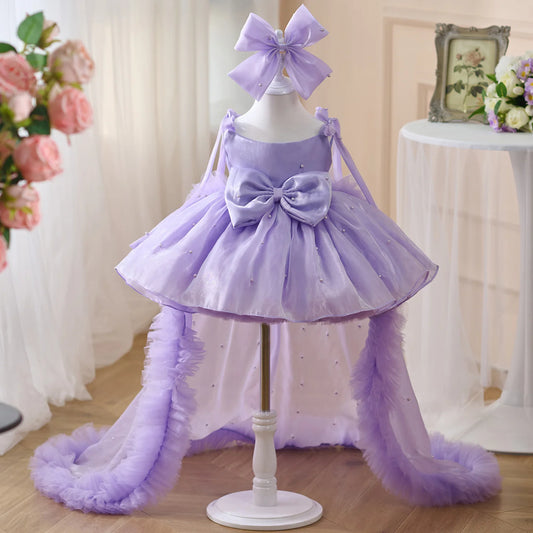Wedding Flower Girl Dress Fantastic A Line Spaghetti Strap Beadwork Bow Sweep Train Girl Communion Formal Dress One-Year-Old Birthday Party Dress Cute Girl Princess Dress