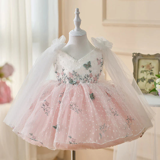 Wedding Flower Girl Dress Fantastic A Line V Neck Sleeveless Ribbon Bow Embroidery Lace Girl Formal Dress One-Year-Old Birthday Party Dress Cute Girl Princess Dress