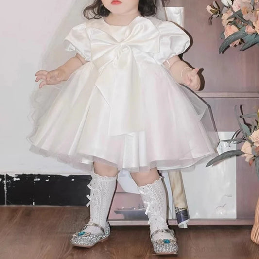 Wedding Flower Girl Dress Fashion A Line Round Neck Short Sleeve Bow Puffy Dress Girl Formal Dress One-Year-Old Birthday Party Dress Cute Girl Princess Dress