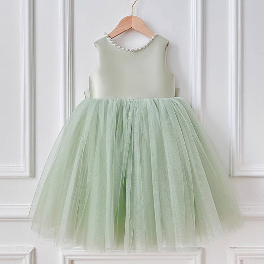 Wedding Flower Girl Dress Fashion A Line Round Neck Sleeveless Backless Bow Beadwork Girl Formal Dress One-Year-Old Birthday Party Dress Cute Girl Princess Dress