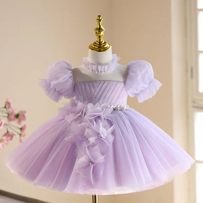 Wedding Flower Girl Dress Gorgeous A Line Puff Sleeve 3D Flower Pleated Beadwork Girl One-Year-Old Birthday Party Dress Cute Girl Princess Dress