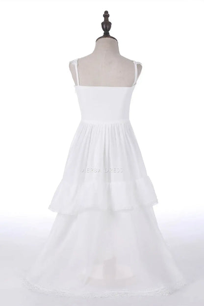 Wedding Flower Girl Dress Lace A Line Square Neck Sleeveless Hi-Low Tiers Ruched Girl Communion Formal Dress Princess Dress