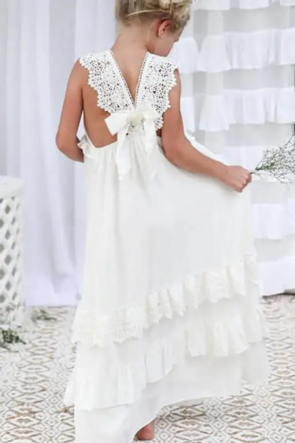 Wedding Flower Girl Dress Lace V Neck Boho Chiffon Ruched Long Girl Communion Formal Dress Princess Dress