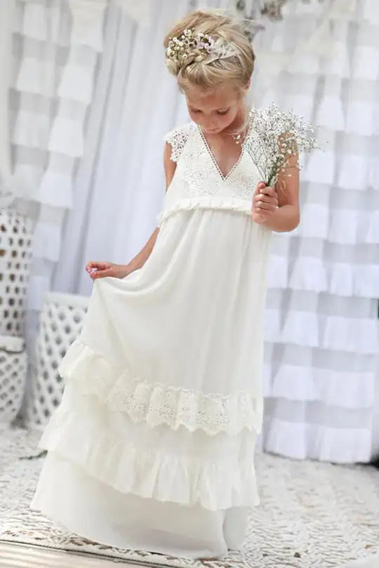 Wedding Flower Girl Dress Lace V Neck Boho Chiffon Ruched Long Girl Communion Formal Dress Princess Dress