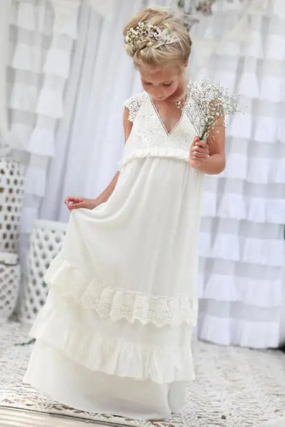 Wedding Flower Girl Dress Lace V Neck Boho Chiffon Ruched Long Girl Communion Formal Dress Princess Dress