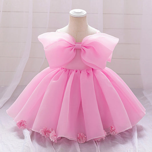 Wedding Flower Girl Dress Romantic A Line Spaghetti Strap Sleeveless 3D Flower Bow Girl Communion Formal Dress One-Year-Old Birthday Party Dress Cute Girl Princess Dress