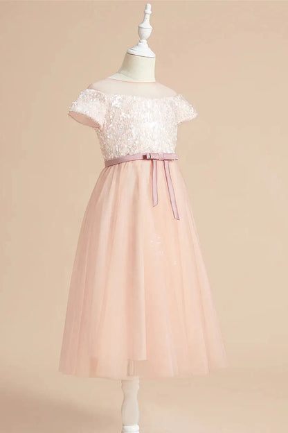 Wedding Flower Girl Dress Sequin A-Line Round Neck Short Sleeves Sparkle Elegant Long Girl Communion Formal Dress Princess Dress
