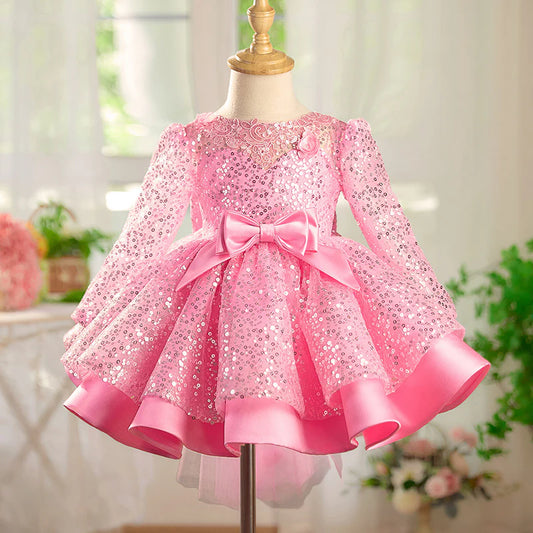 Wedding Flower Girl Dress Sequin A Line Round Neck Long sleeves Tiers Sparkle Girl Communion Formal Dress One-Year-Old Birthday Party Dress Cute Girl Princess Dress