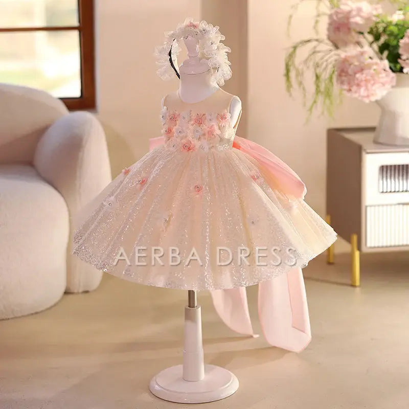 Wedding Flower Girl Dress Sequin A Line Round Neck Sleeveless 3D Flower Beadwork Bow Sparkle Girl One-Year-Old Birthday Party Dress Cute Girl Princess Dress
