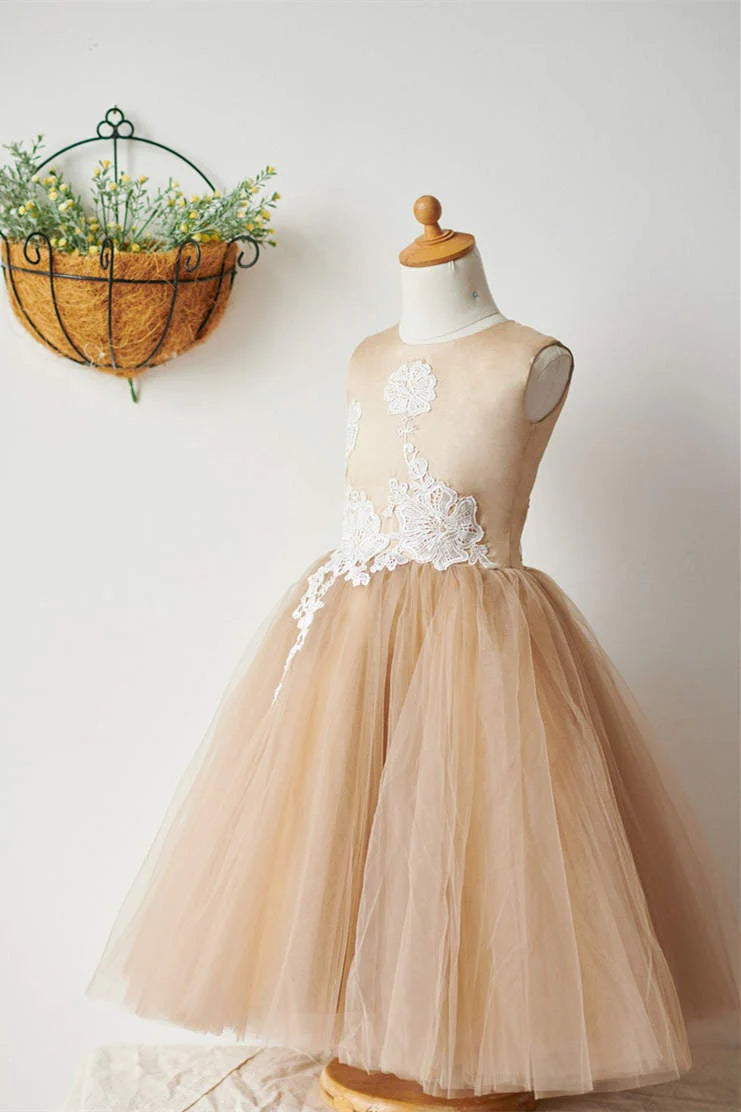 Wedding Flower Girl Dress Sparkle A-Line Round Neck Sleeveless Lace Applique Charming Girl Communion Formal Dress Princess Dress