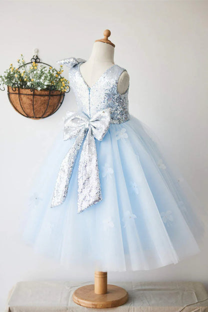 Wedding Flower Girl Dress Sparkle A-Line Round Neck Sleeveless Tulle with Sequined Top Fashion Girl Communion Formal Dress Princess Dress
