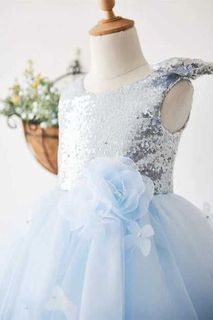 Wedding Flower Girl Dress Sparkle A-Line Round Neck Sleeveless Tulle with Sequined Top Fashion Girl Communion Formal Dress Princess Dress