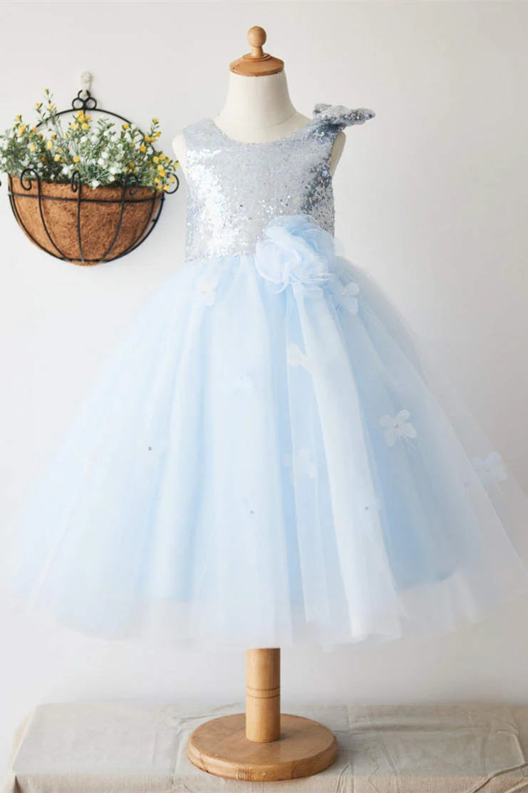 Wedding Flower Girl Dress Sparkle A-Line Round Neck Sleeveless Tulle with Sequined Top Fashion Girl Communion Formal Dress Princess Dress