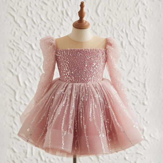 Wedding Flower Girl Dress Sparkle A Line Round Neck Long Sleeves Sequin Girl Formal Dress One-Year-Old Birthday Party Dress Cute Girl Princess Dress