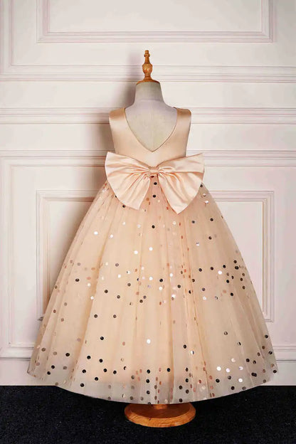 Wedding Flower Girl Dress Sparkle A Line Round Neck Sleeveless V-Back BowSequined Cute Girl Communion Formal Dress Princess Dress