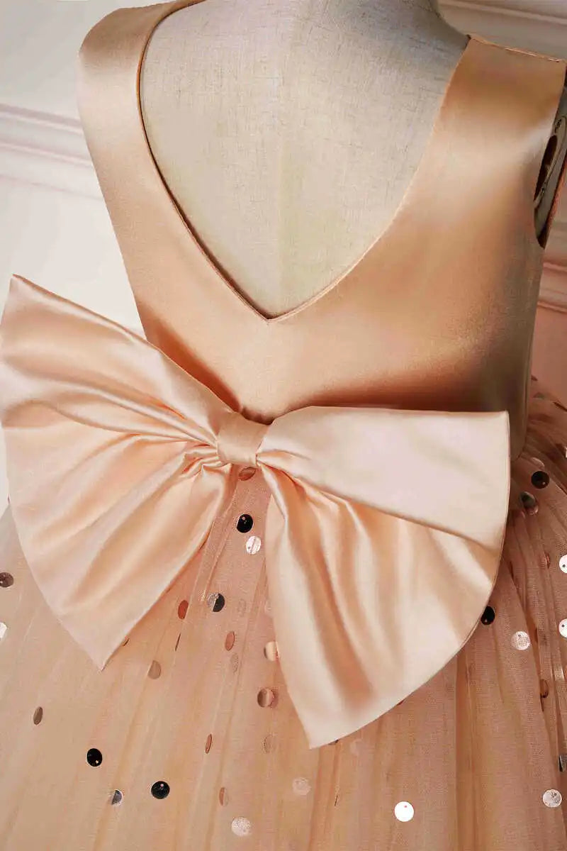 Wedding Flower Girl Dress Sparkle A Line Round Neck Sleeveless V-Back BowSequined Cute Girl Communion Formal Dress Princess Dress