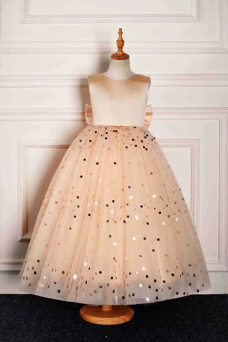Wedding Flower Girl Dress Sparkle A Line Round Neck Sleeveless V-Back BowSequined Cute Girl Communion Formal Dress Princess Dress