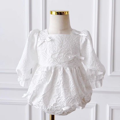 Wedding Flower Girl Dress Square Neck Long sleeves Baby Wrap Buttocks Bow Girl One-Year-Old Birthday Party Dress Cute Princess Dress