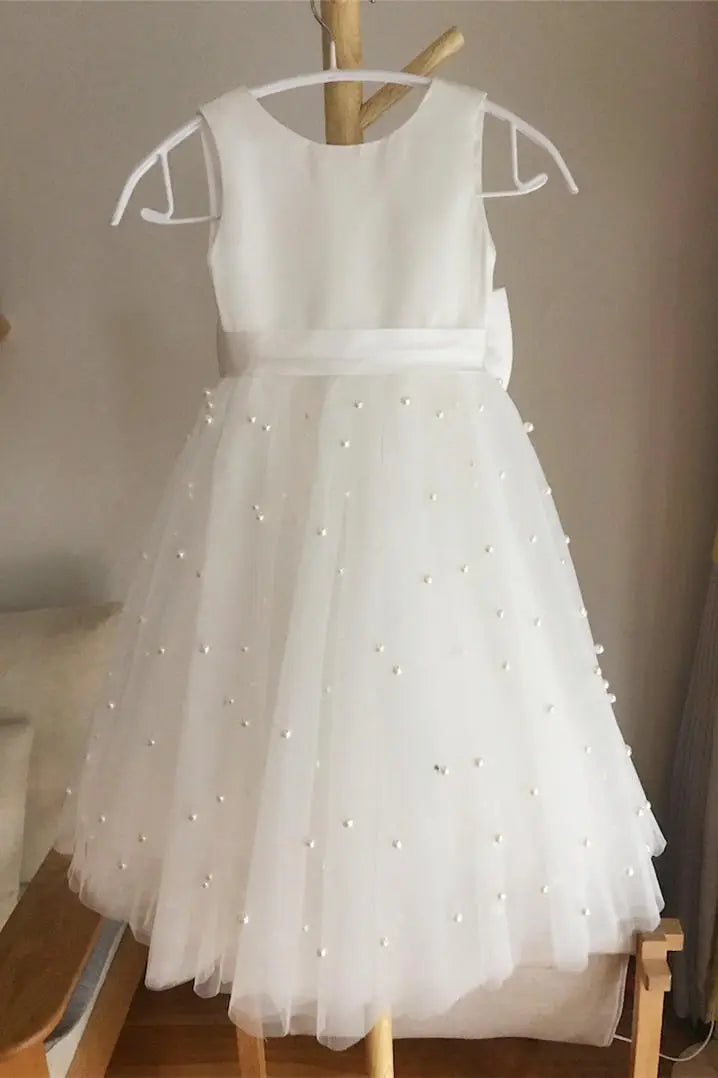 Wedding Flower Girl Dress A-Line Round Neck Sleeveless Girl Party Dress with Pearls Girl Communion Formal Dress Princess Dress