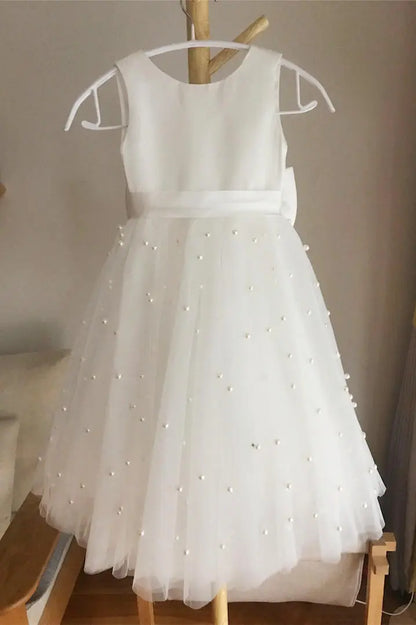 Wedding Flower Girl Dress A-Line Round Neck Sleeveless Girl Party Dress with Pearls Girl Communion Formal Dress Princess Dress