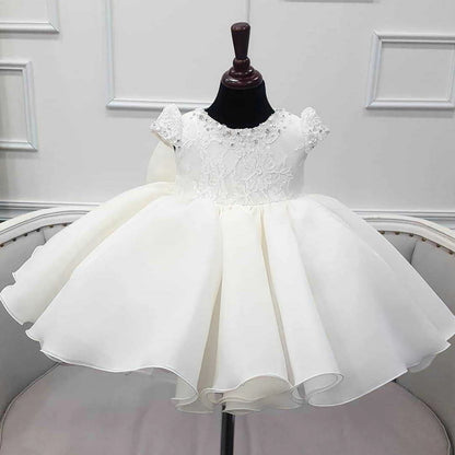 Wedding Flower Girl Dress Elegant A Line Round Neck Cap Sleeve Beadwork Tutu Dress Girl One-Year-Old Birthday Party Dress Cute Girl Princess Dress