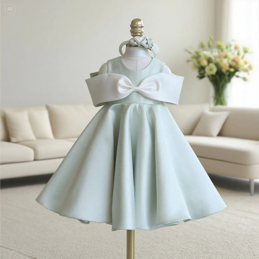 Wedding Flower Girl Dress Elegant A Line Round Neck Off Shoulder Pleated Bow Girl Formal Dress One-Year-Old Birthday Party Dress Cute Girl Princess Dress