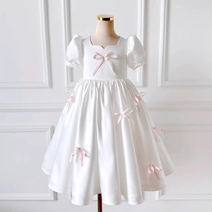 Wedding Flower Girl Dress Elegant A Line Short Sleeve Bow Girl Formal Dress One-Year-Old Birthday Party Dress Cute Girl Princess Dress