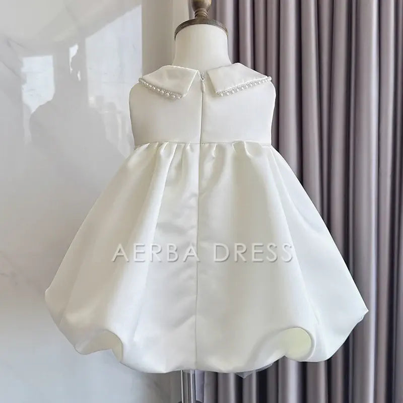 Wedding Flower Girl Dress Elegant A Line Sleeveless Doll Collar Beadwork Bow Girl Formal Dress One-Year-Old Birthday Party Dress Cute Girl Princess Dress