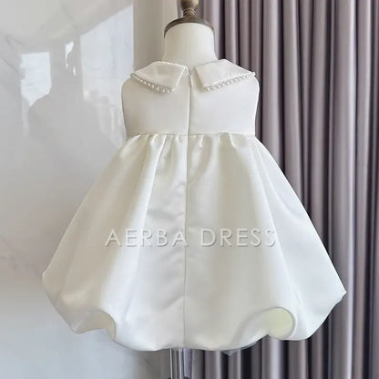 Wedding Flower Girl Dress Elegant A Line Sleeveless Doll Collar Beadwork Bow Girl Formal Dress One-Year-Old Birthday Party Dress Cute Girl Princess Dress