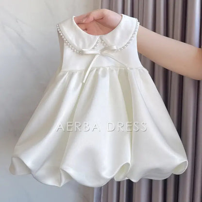 Wedding Flower Girl Dress Elegant A Line Sleeveless Doll Collar Beadwork Bow Girl Formal Dress One-Year-Old Birthday Party Dress Cute Girl Princess Dress