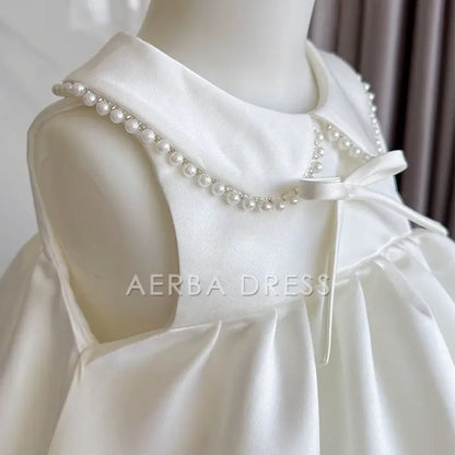 Wedding Flower Girl Dress Elegant A Line Sleeveless Doll Collar Beadwork Bow Girl Formal Dress One-Year-Old Birthday Party Dress Cute Girl Princess Dress