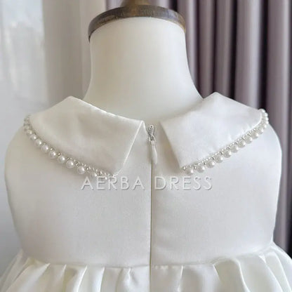 Wedding Flower Girl Dress Elegant A Line Sleeveless Doll Collar Beadwork Bow Girl Formal Dress One-Year-Old Birthday Party Dress Cute Girl Princess Dress