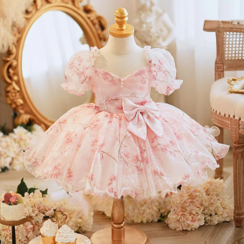 Wedding Flower Girl Dress Elegant A Line Sweetheart Short sleeve Flower Dress Bow Girl Formal Dress One-Year-Old Birthday Party Dress Cute Girl Princess Dress