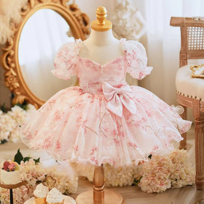 Wedding Flower Girl Dress Elegant A Line Sweetheart Short sleeve Flower Dress Bow Girl Formal Dress One-Year-Old Birthday Party Dress Cute Girl Princess Dress