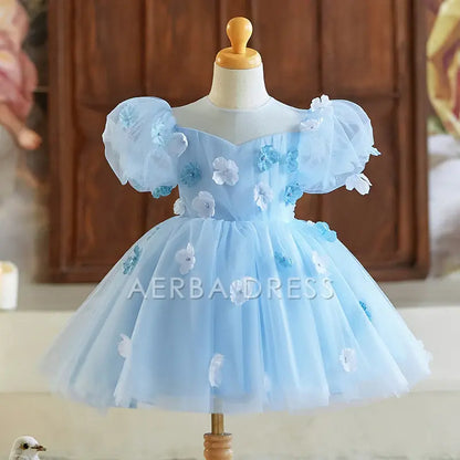 Wedding Flower Girl Dress Elegant Gorgeous A Line Sweetheart Puff Sleeve 3D Flower Beadwork Girl One-Year-Old Birthday Party Dress Cute Girl Princess Dress