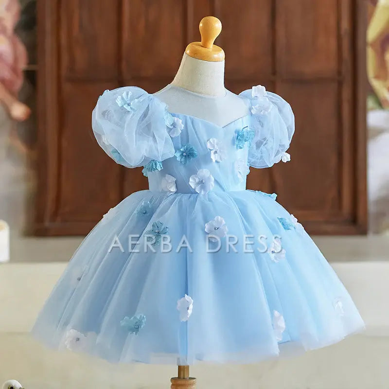 Wedding Flower Girl Dress Elegant Gorgeous A Line Sweetheart Puff Sleeve 3D Flower Beadwork Girl One-Year-Old Birthday Party Dress Cute Girl Princess Dress