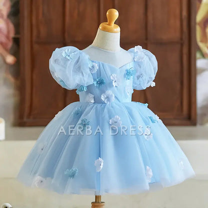 Wedding Flower Girl Dress Elegant Gorgeous A Line Sweetheart Puff Sleeve 3D Flower Beadwork Girl One-Year-Old Birthday Party Dress Cute Girl Princess Dress