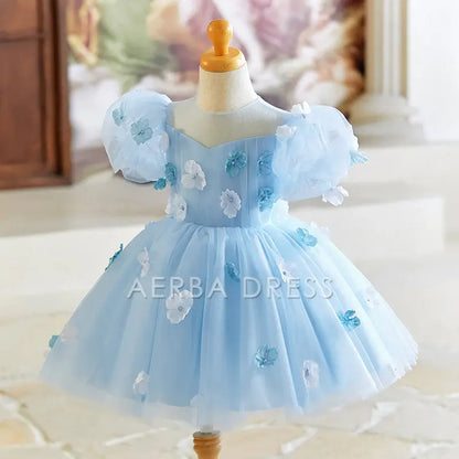 Wedding Flower Girl Dress Elegant Gorgeous A Line Sweetheart Puff Sleeve 3D Flower Beadwork Girl One-Year-Old Birthday Party Dress Cute Girl Princess Dress