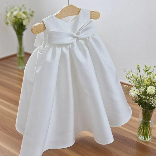 Wedding Flower Girl Dress Elegant Simple A Line Round Neck Sleeveless Ruched Bow Girl Formal Dress One-Year-Old Birthday Party Dress Cute Girl Princess Dress