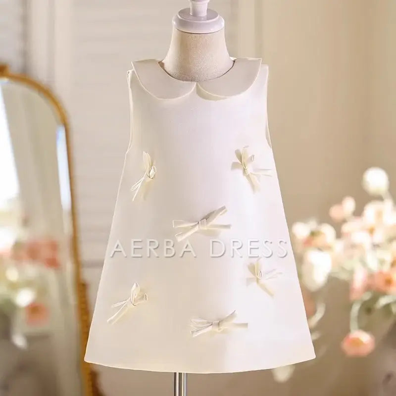 Wedding Flower Girl Dress Elegant Straight Doll Collar Sleeveless Bow Girl Formal Dress One-Year-Old Birthday Party Dress Cute Girl Princess Dress